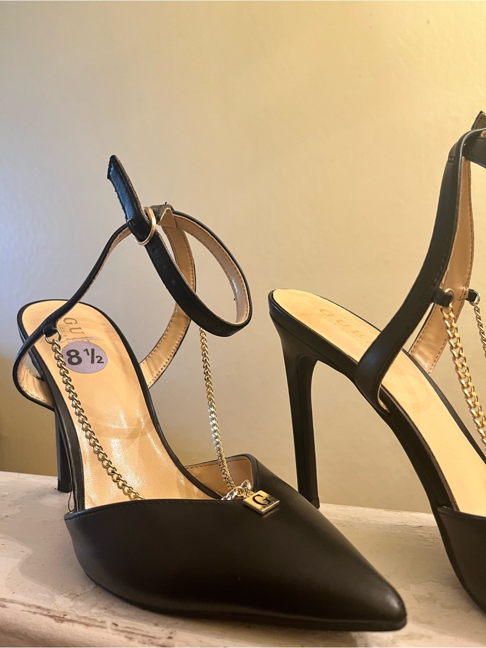 Guess Black Leather Pointed Slingback Heels with Gold Chain Accent